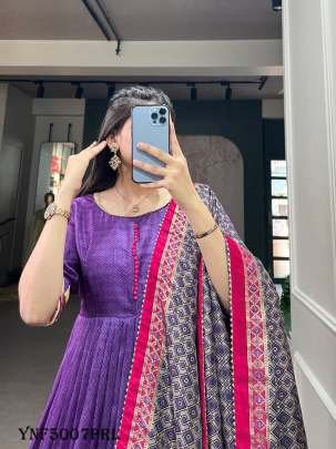 New Arrival Purple Color Print With Foil Print Tussar Silk Gown