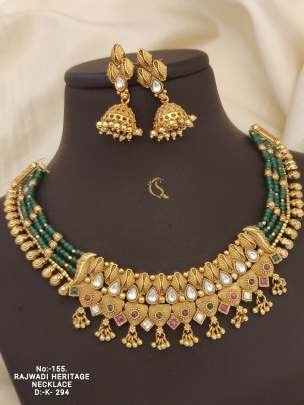 Golden And Green Rajwadi Necklace Set