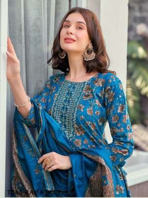 New Arrival Rama Blue Pure Cotton Kurti Pant Set With Dupatta