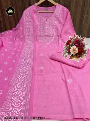 New Arrival Rayon Cotton Light Pink Kurti Pant Dupatta Set