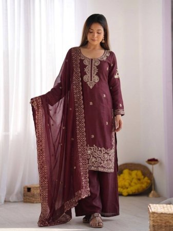 New Arrival Wine Embroidered Beads Work Plazzo Suit Set