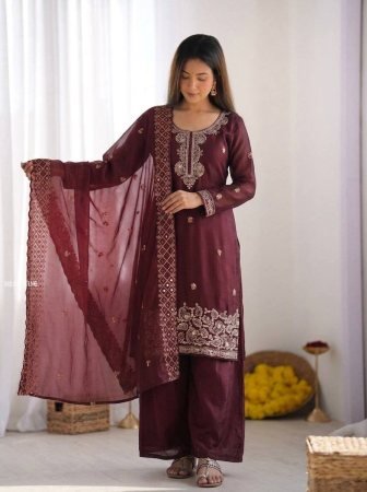 New Arrival Wine Embroidered Beads Work Plazzo Suit Set