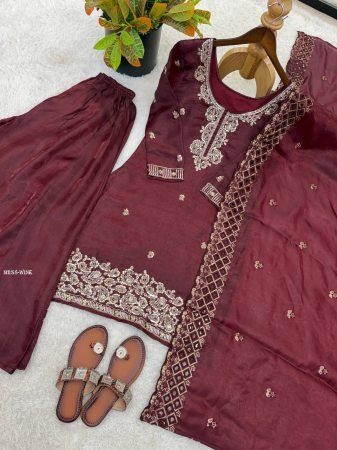New Arrival Wine Embroidered Beads Work Plazzo Suit Set