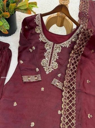 New Arrival Wine Embroidered Beads Work Plazzo Suit Set