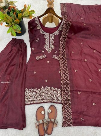 New Arrival Wine Embroidered Beads Work Plazzo Suit Set