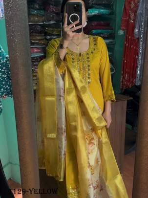 New Beautiful Yellow Pure Chinon Silk Kurti Pant Set