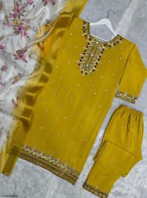 New Beautiful Yellow Pure Chinon Silk Kurti Pant Set