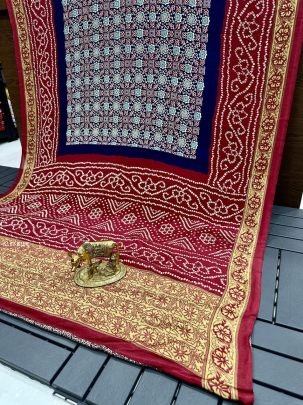 New Blue Silk Saree With Ajrakh-Bandhani Print