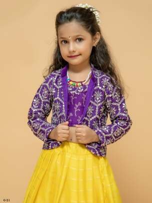 New Chinon Silk Kids Purple Lehenga Blouse With Koti