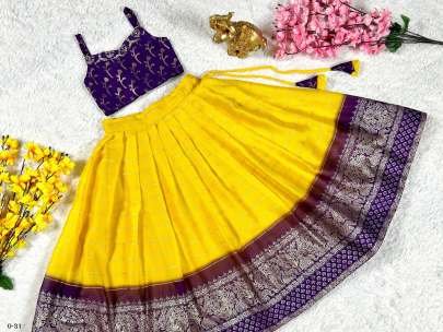New Chinon Silk Kids Purple Lehenga Blouse With Koti