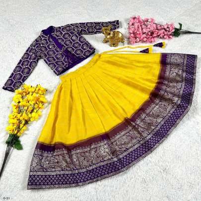 New Chinon Silk Kids Purple Lehenga Blouse With Koti