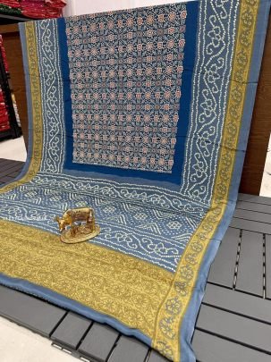 New Classics Blue Ajrakh 2 Soft Modal Silk Saree With Blouse 