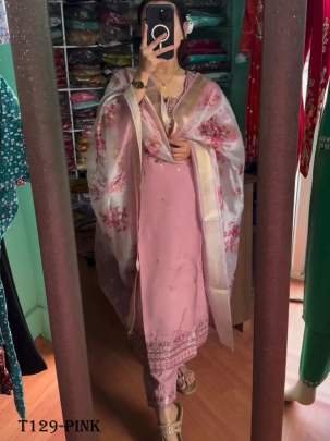 New Collection Pink Pure Chinon Silk Kurti Pant Set
