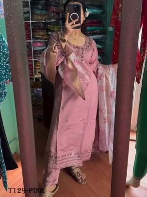 New Collection Pink Pure Chinon Silk Kurti Pant Set