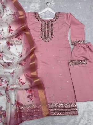 New Collection Pink Pure Chinon Silk Kurti Pant Set