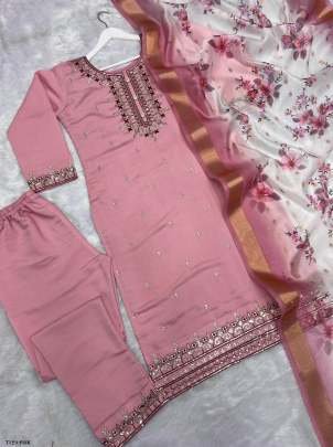 New Collection Pink Pure Chinon Silk Kurti Pant Set