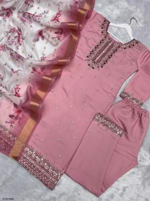 New Collection Pink Pure Chinon Silk Kurti Pant Set