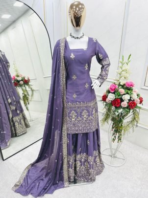 Designer Lavender Pure Cinon Sharara Set