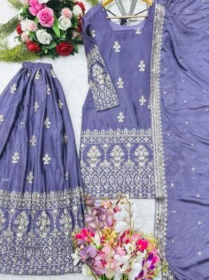Designer Lavender Pure Cinon Sharara Set