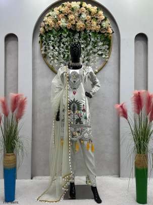 New Collection White Muslin Kurti Pant Dupatta Set For Women