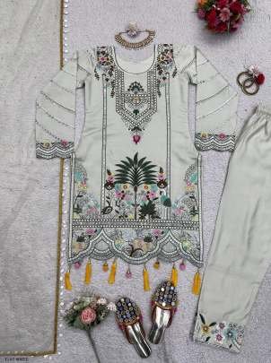 New Collection White Muslin Kurti Pant Dupatta Set For Women