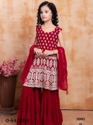 New Design Red Kids Sharara Suit With Embroidered Work