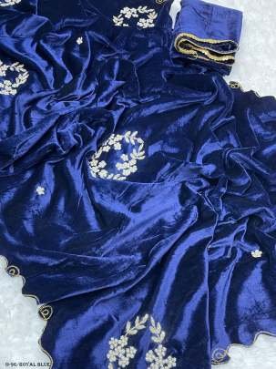New Design Royal Blue Velvet Saree