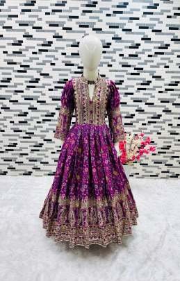 New Designer Chinon Silk Digital Print Purple Kids Gown