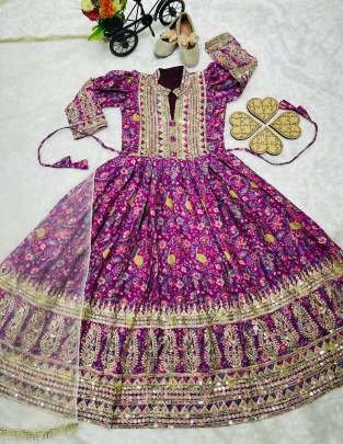 New Designer Chinon Silk Digital Print Purple Kids Gown