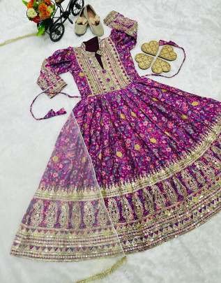 New Designer Chinon Silk Digital Print Purple Kids Gown