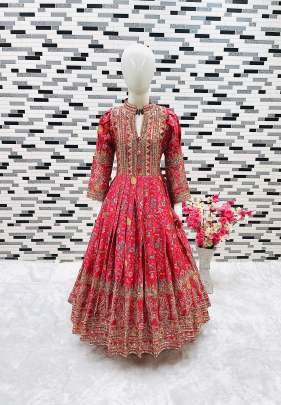 New Designer Heavy Chinon Silk Red Gown With Digital Print work