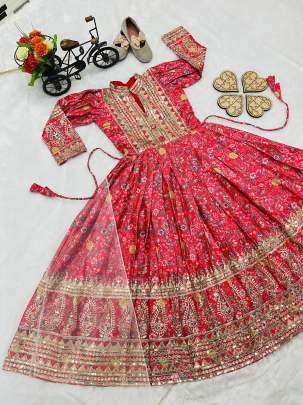 New Designer Heavy Chinon Silk Red Gown With Digital Print work