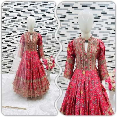 New Designer Heavy Chinon Silk Red Gown With Digital Print work