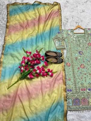 New Designer Mint Color Long Kurti Pant Set