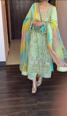 New Designer Mint Color Long Kurti Pant Set