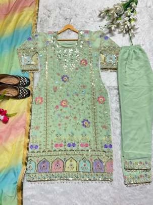 New Designer Mint Color Long Kurti Pant Set
