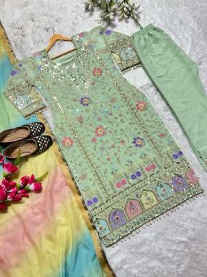 New Designer Mint Color Long Kurti Pant Set