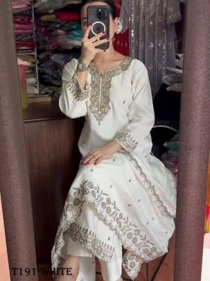 New Designer White Pure Chinon Kurti Pant Dupatta Set