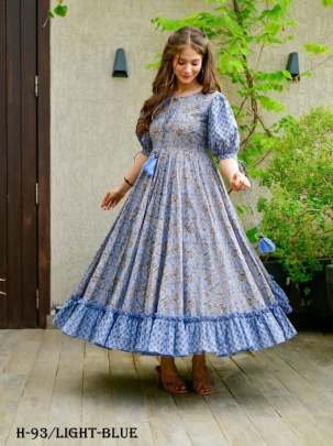 New Digital Printed Cotton Silk Light Blue Long Gown