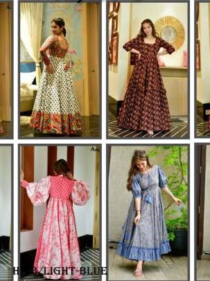New Digital Printed Cotton Silk Light Blue Long Gown