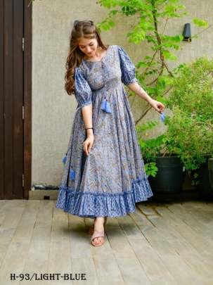 New Digital Printed Cotton Silk Light Blue Long Gown