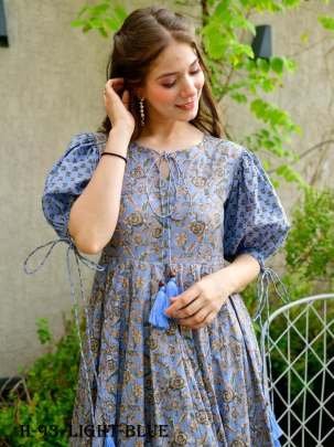 New Digital Printed Cotton Silk Light Blue Long Gown