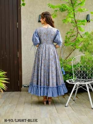 New Digital Printed Cotton Silk Light Blue Long Gown