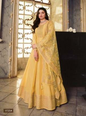 New Dola Silk Long Anarkali Yellow Color Salwar Suit