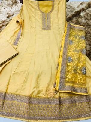 New Dola Silk Long Anarkali Yellow Color Salwar Suit