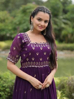 New Embroidery Zari Sequins Work Purple Gowns