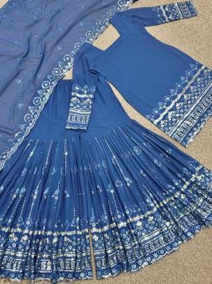 New Fancy Embroidery Cotton Sky Blue Sharara Set