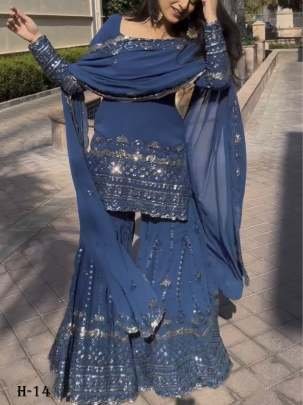 New Fancy Embroidery Cotton Sky Blue Sharara Set