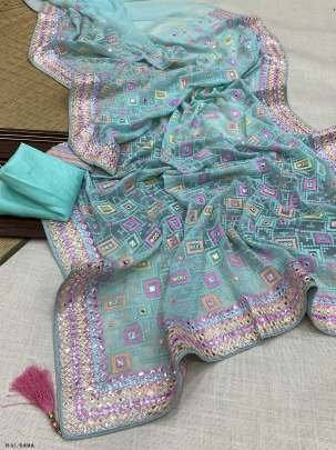 New Fancy Georgatte Rama Saree With Embroidery Work