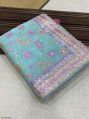 New Fancy Georgatte Sky Blue Saree With Embroidery Work